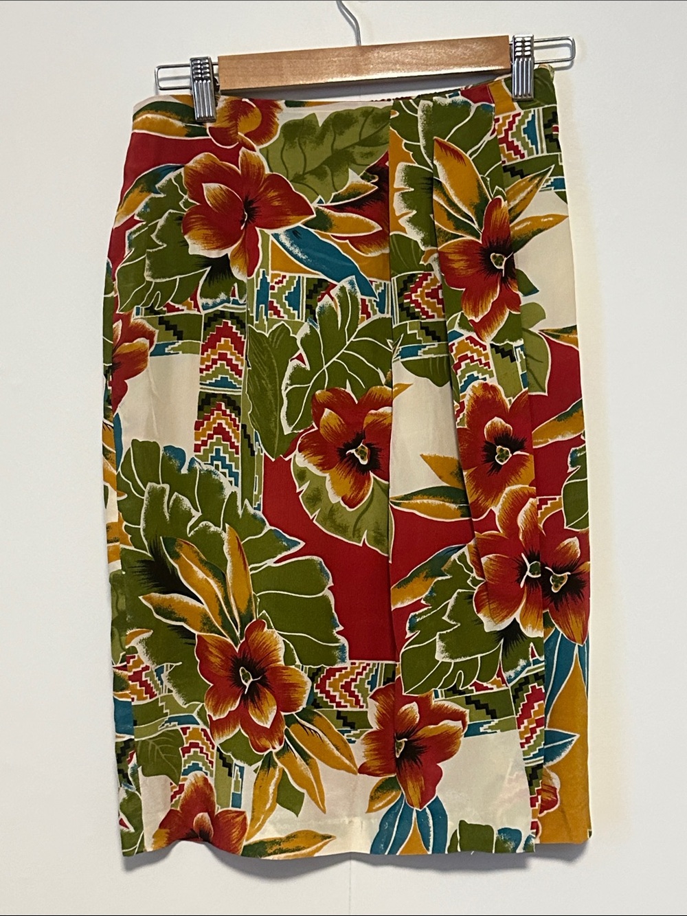 Vintage 100% Silk Tropical Floral Midi Skirt - Red, Green & Cream Faux Wrap